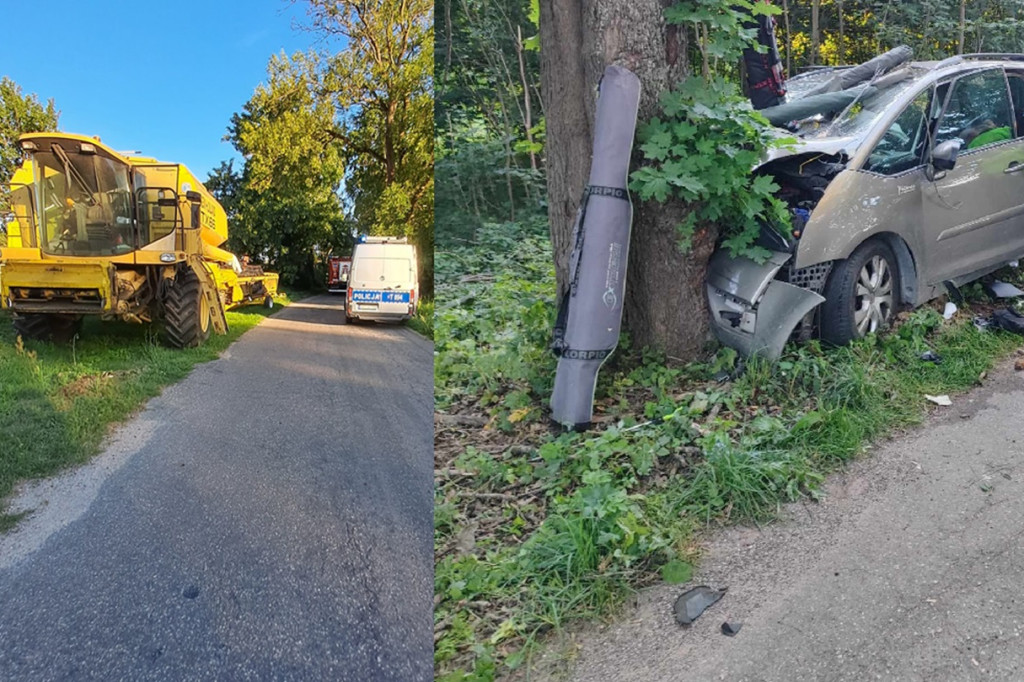 Mijał kombajn uderzył w drzewo. Dwie osoby ranne