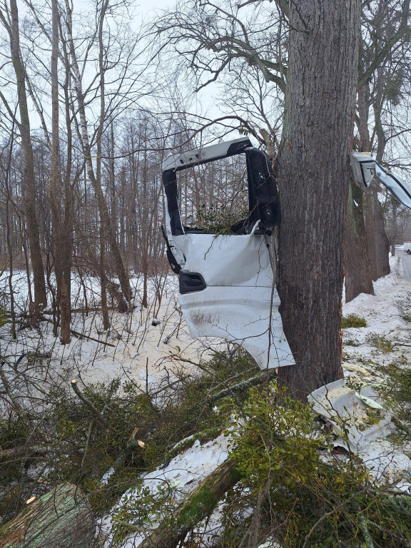 Ciężarówka uderzyła w drzewo na DW 610