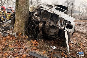 Gm. Biskupiec: Mitsubishi z 5 osobami uderzyło w drzewo, na miejscu LPR-105056
