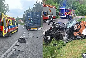 Groźny wypadek pod Olsztynkiem! Osobówka zderzyła się z ciężarówką.
