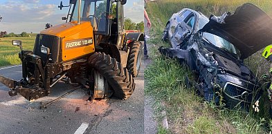 Gm. Giżycko: Zderzenie ciągnika i Volvo. DK59 zablokowana