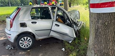 Gm. Ostróda: Kierujący Fiatem uderzył w drzewo. Droga była zablokowana