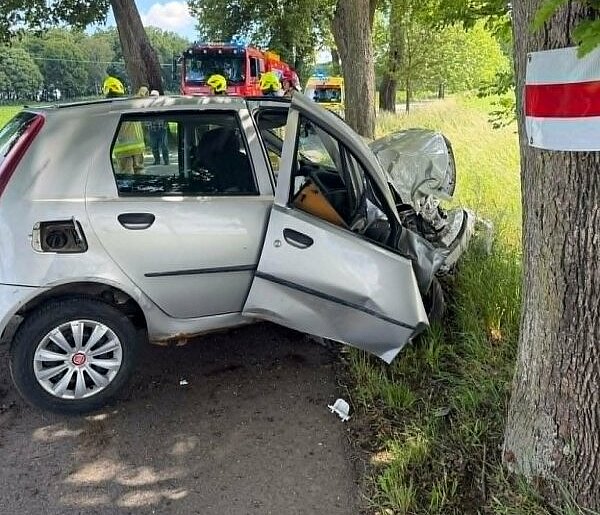 Gm. Ostróda: Kierujący Fiatem uderzył w drzewo. Droga była zablokowana
