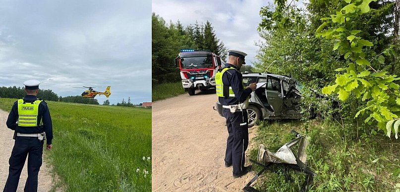 Węgorzewo: BMW uderzyło w drzewo i wpadło do rowu. Na miejscu LPR, 1 osoba ranna