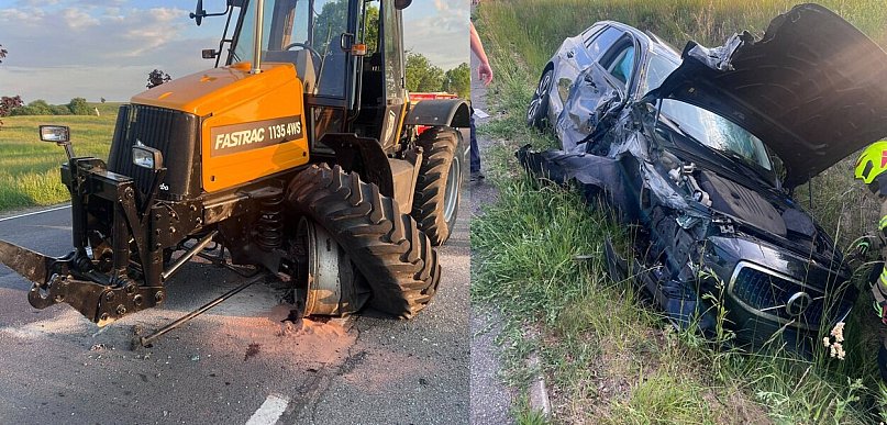 Gm. Giżycko: Zderzenie ciągnika i Volvo. DK59 zablokowana